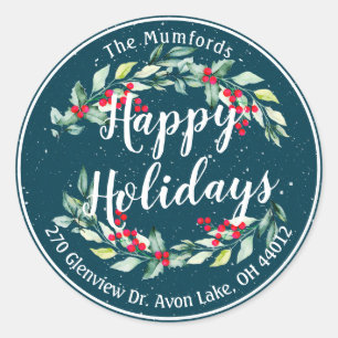 Sticker Rond Joyeux Joyeux Noël Holly Floral Adresse
