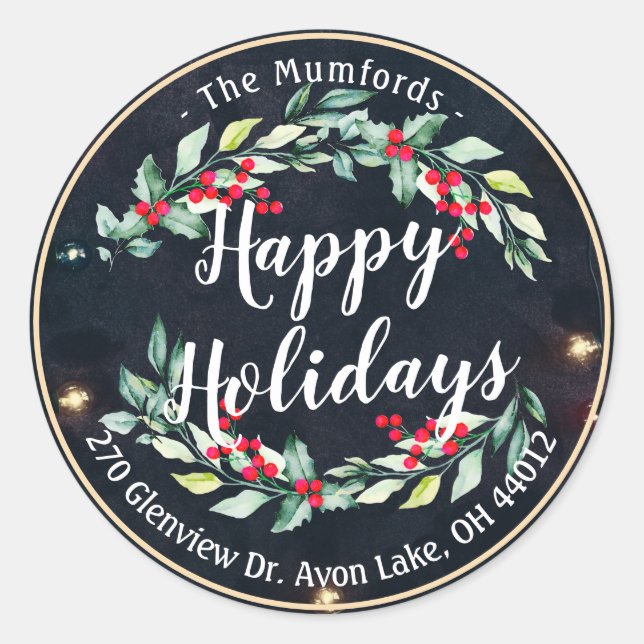Sticker Rond Joyeux Joyeux Noël Holly Floral Adresse (Devant)