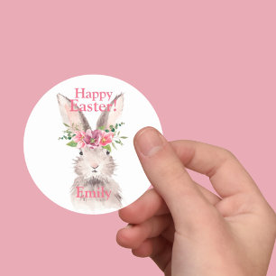 Sticker Rond Joyeux lapin de pâques fleur de lapin rose pastel