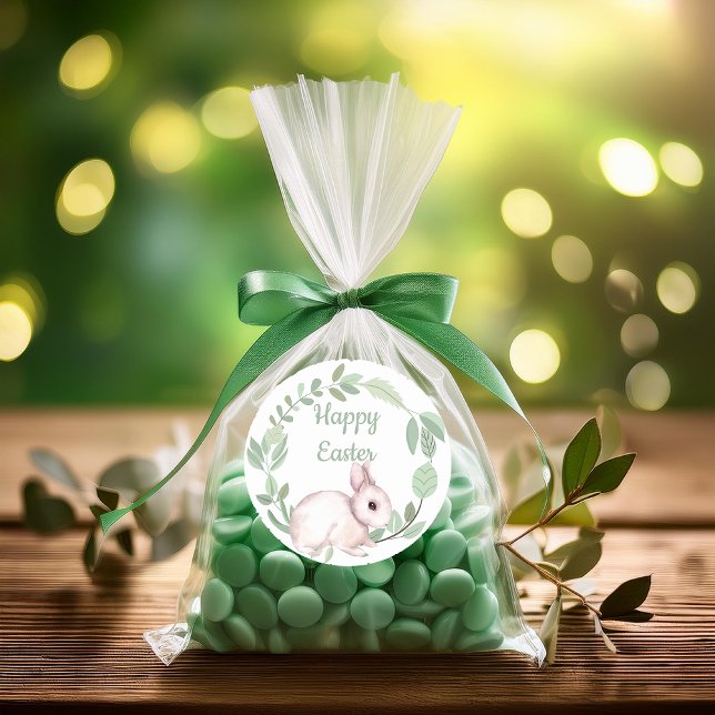 Sticker Rond Joyeux lapin de Pâques Sage de la couronne de fleu (Cute Easter Bunny and Sage Green Eucalyptus Wreath "Happy Easter" Classic Round Stickers)