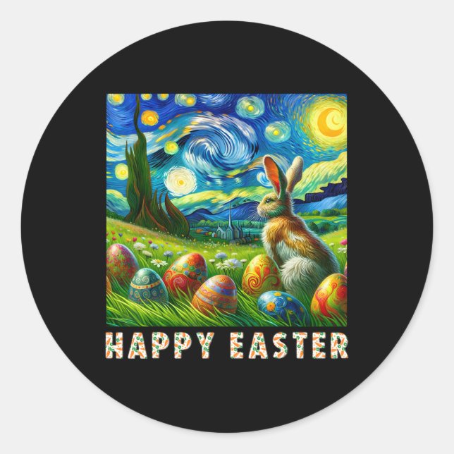 Sticker Rond Joyeux Lapin Et Oeufs De Style Van Gogh De Pâques (Devant)