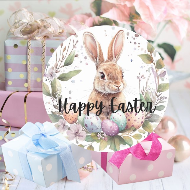 Sticker Rond Joyeux lapin mignon de Pâques (Happy Easter Cute Bunny Classic Round Sticker Mockup 1)
