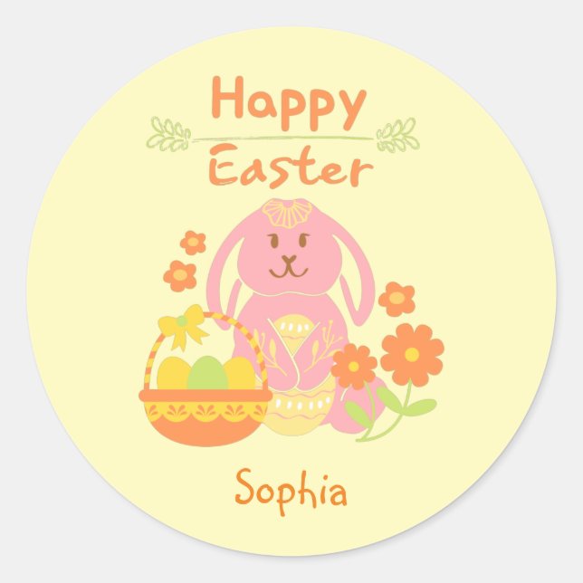 Sticker Rond Joyeux lapin rose de Pâques et fleurs (Devant)