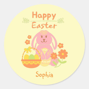 Sticker Rond Joyeux lapin rose de Pâques et fleurs