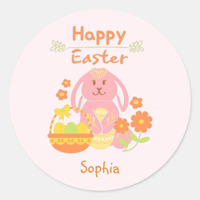Sticker Rond Joyeux lapin rose de Pâques et fleurs (Devant)