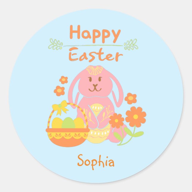 Sticker Rond Joyeux lapin rose de Pâques et fleurs Classic Rou (Devant)