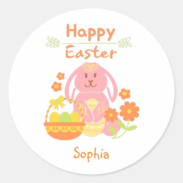 Sticker Rond Joyeux lapin rose de Pâques et fleurs Roun classiq (Devant)