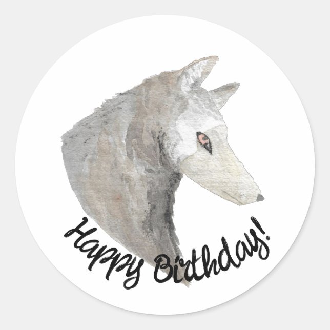 Sticker Rond Joyeux loup d'aquarelle d'anniversaire (Devant)