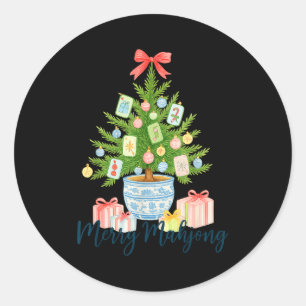 Sticker Rond Joyeux Mahjong Arbre de Noël Chinoiserie Fêtes