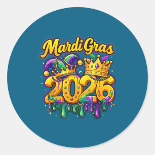 Sticker Rond Joyeux Mardi Gras 2026 Chapeau de Bouffon Nouvelle