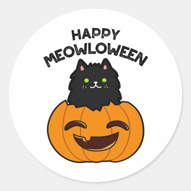 Sticker Rond Joyeux Meowloween Funny Halloween Pun (Devant)