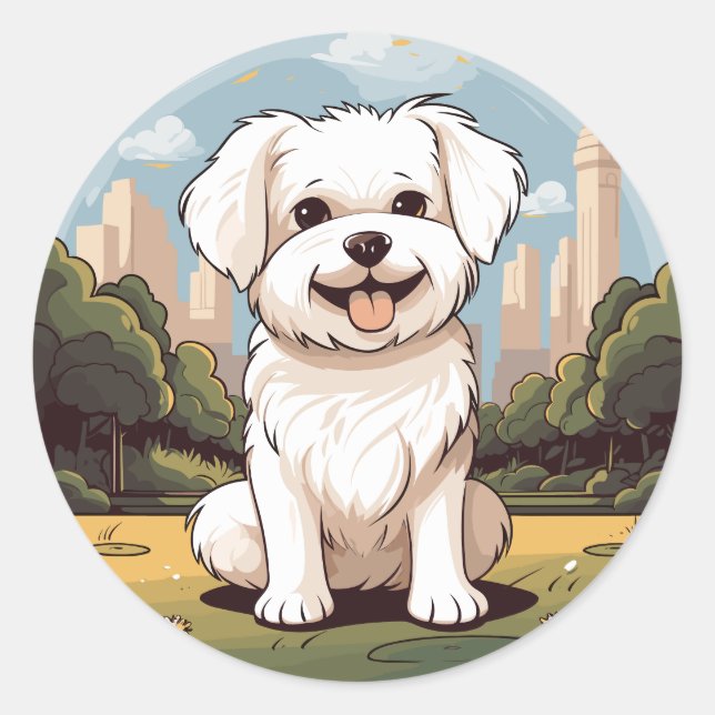 Sticker Rond Joyeux mignon adorable Chien maltais joyeux Chien  (Devant)