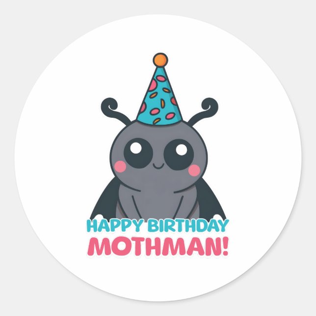 Sticker Rond Joyeux Mothman d'anniversaire ! Caricature mignon  (Devant)