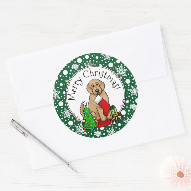 Sticker Rond Joyeux Noël 2 Goldendoodle (rouge doré) mignonne (Enveloppe)
