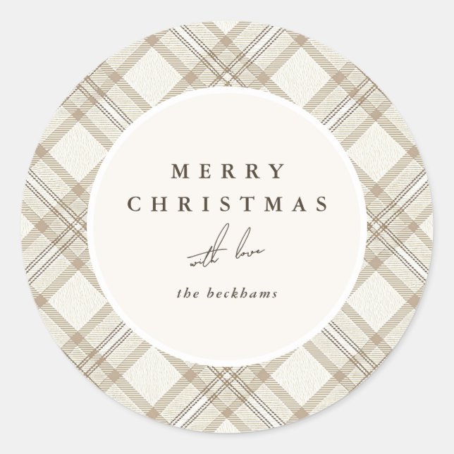 Sticker Rond Joyeux Noël à carreaux beige doux (Devant)