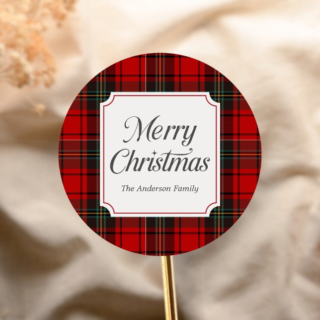 Sticker Rond Joyeux Noël à carreaux rouges (Red Plaid Modern Merry Christmas Holiday Sticker)
