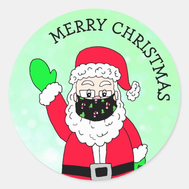 Sticker Rond Joyeux Noël à facémasé Père Noël (Devant)