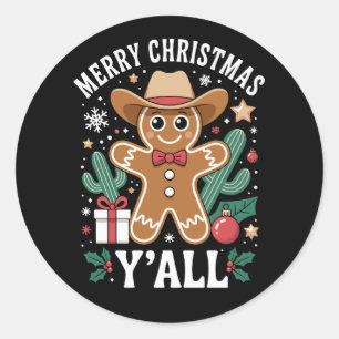 Sticker Rond Joyeux Noël à tous Cowboy Gâteau de Noël Cactus
