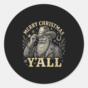 Sticker Rond Joyeux Noël à tous T-Shirt Cowboy Western Santa 