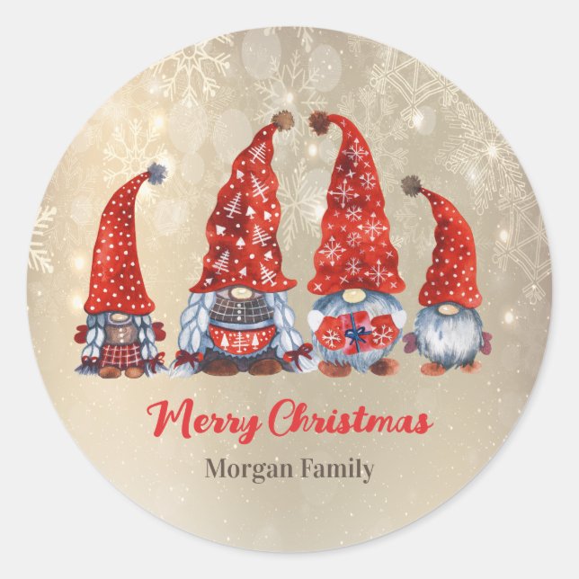 Sticker Rond Joyeux Noël, Adorables Gnomes Rouges   (Devant)