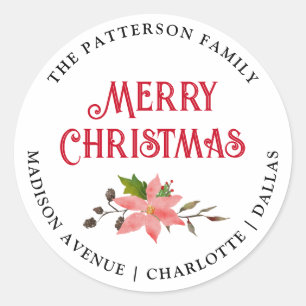 Sticker Rond Joyeux Noël   Adresse de retour Poinsettia Floral