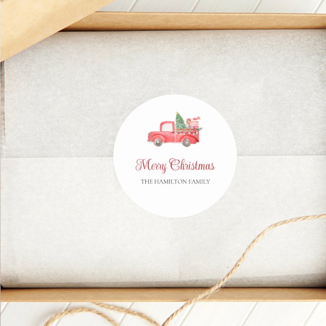 Sticker Rond Joyeux Noël Aquarelle Couleur Rouge Camion (Créateur téléchargé)