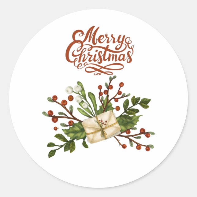 Sticker Rond Joyeux Noël aquarelle Holly Berry et lettres (Devant)