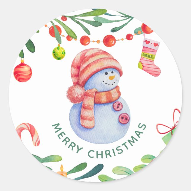 Sticker Rond Joyeux Noël. Aquarelle mignonne vacances neige (Devant)