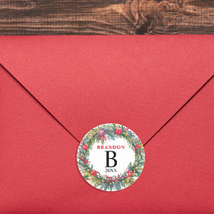 Sticker Rond Joyeux Noël Aquarelle Nom de la couronne Monogramm