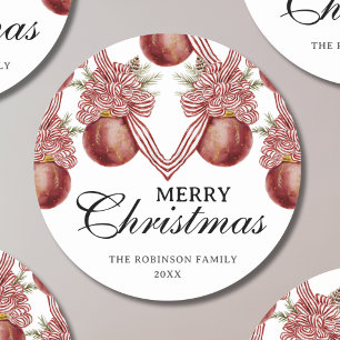 Sticker Rond Joyeux Noël aquarelle Ornement rayé rouge