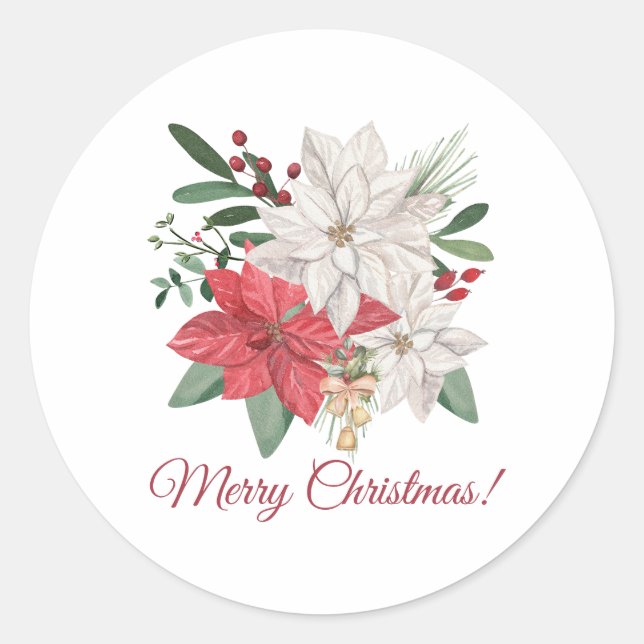Sticker Rond Joyeux Noël Aquarelle Poinsettia Fleurs (Devant)