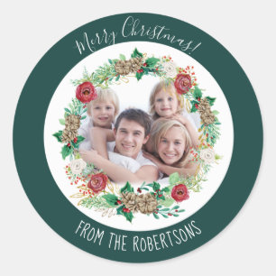 Sticker Rond Joyeux Noël aquarelle Wreath Family Photo