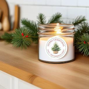 Sticker Rond Joyeux Noël Arbre à l'aquarelle rustique dans un p