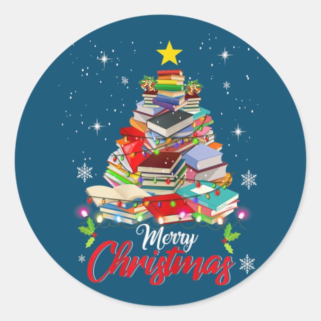Sticker Rond Joyeux Noël Arbre Amour Lecture Livres Librairie (Devant)