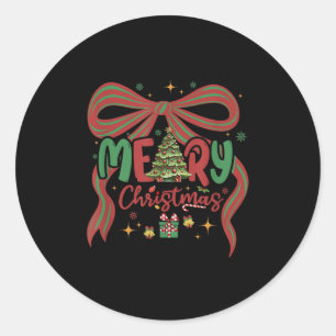 Sticker Rond Joyeux Noël Arbre Coquette Bow Joyeux Et Lumineux