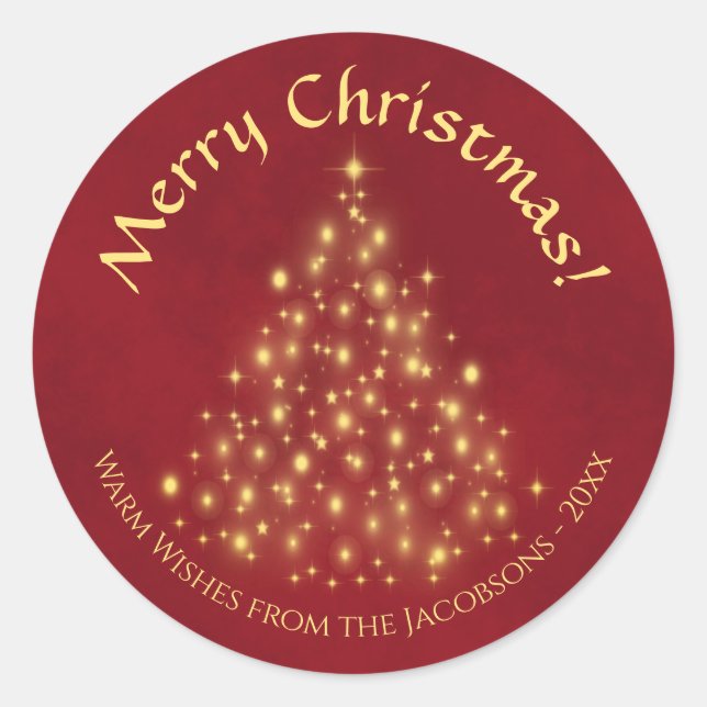 Sticker Rond Joyeux Noël ! Arbre de lumières dorées sur fond ro (Devant)