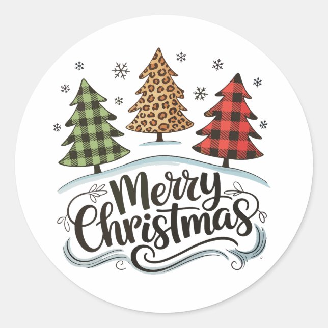 Sticker Rond Joyeux Noël Arbre Léopard Rouge Plaid Buffle (Devant)