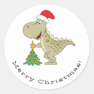 Sticker Rond Joyeux Noël Arbre mignonne Dinosaure Santa Hat