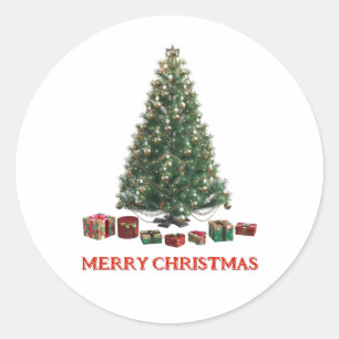 Sticker Rond Joyeux Noël. Arbre (modèle 1) avec cadeaux