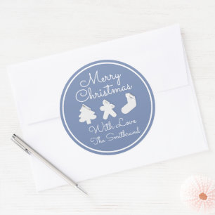 Sticker Rond Joyeux Noël Arbre Nom Bleu Blanc encadré