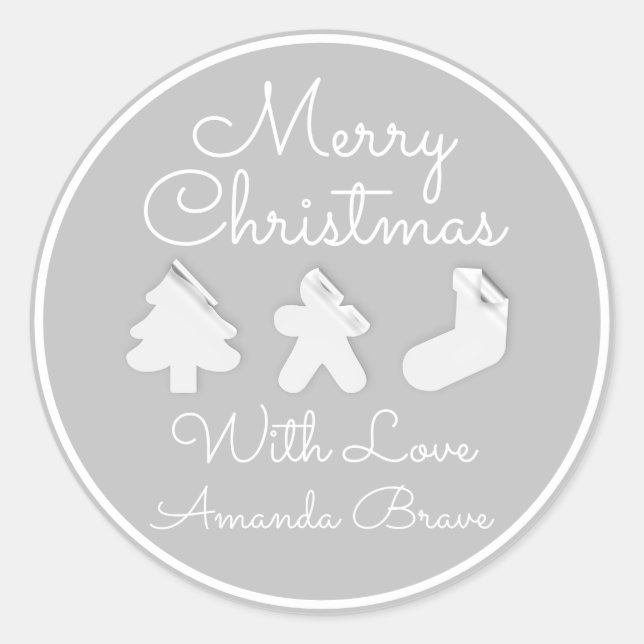 Sticker Rond Joyeux Noël Arbre Nom Gris Blanc Famé (Devant)