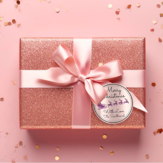 Sticker Rond Joyeux Noël Arbre Nom Rose Père Noël Sleigh Purple (Merry Christmas Tree Name Rose Santa Sleigh Purple Classic Round Sticke)