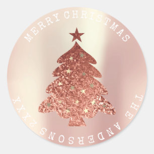 Sticker Rond Joyeux Noël Arbre rose Or Rose Pearly Pastel