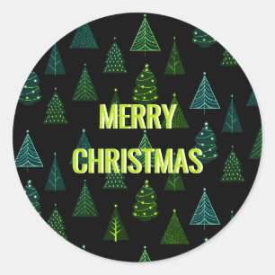 Sticker Rond Joyeux Noël! Arbres de Noël noirs et verts