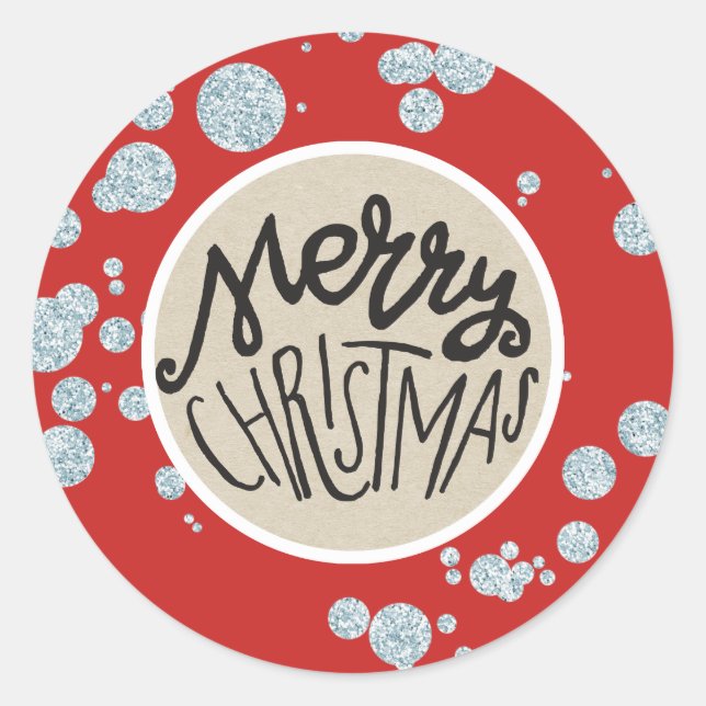 Sticker Rond Joyeux Noël Argent Pailleté Rustique Fêtes (Devant)