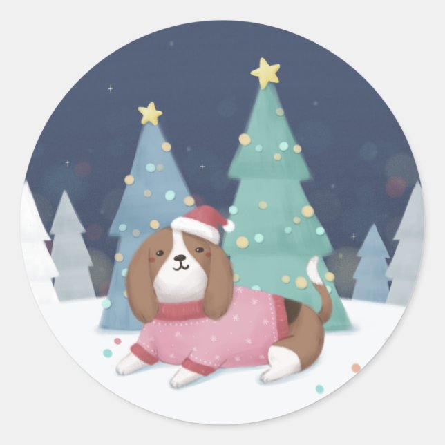 Sticker Rond Joyeux Noël : Art d'Illustration Beagle (Devant)