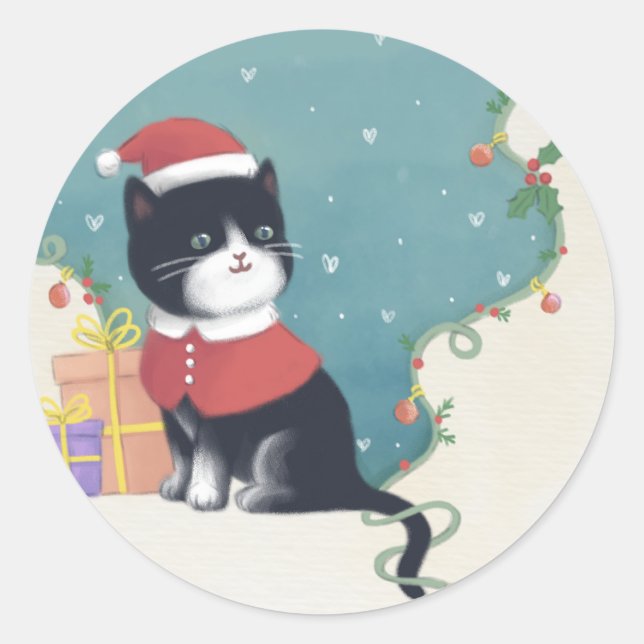 Sticker Rond Joyeux Noël : Art d'illustration de chat (Devant)