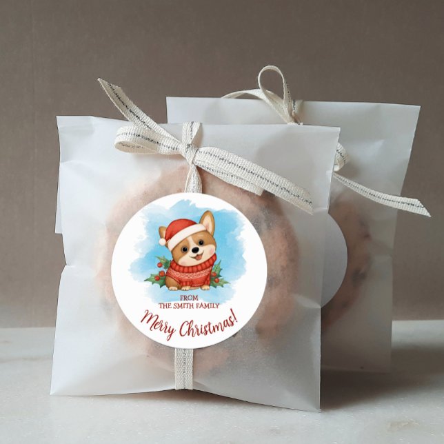Sticker Rond Joyeux Noël au Corgi Mignon (Créateur téléchargé)