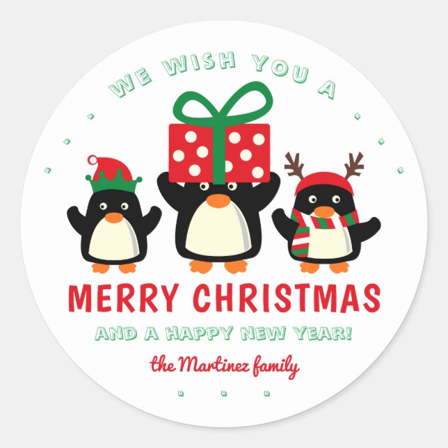 Sticker Rond Joyeux Noël aux mignons pingouins (Devant)