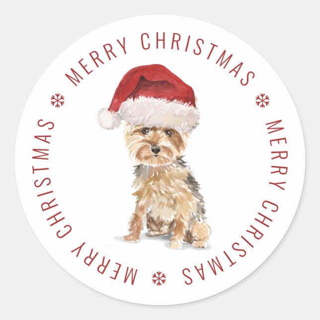 Sticker Rond Joyeux Noël avec un Yorkshire Terrier mignon (Devant)